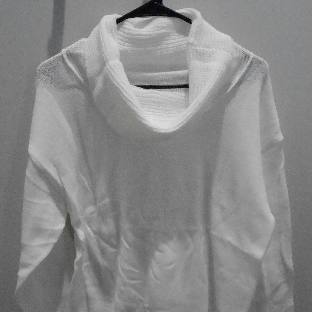Women's White Cowl Neck Long Sleeve Soft Knit Sweater Ribbed Waist & Cuffs-XXL